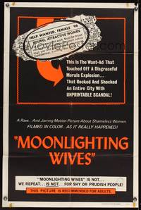 7y621 MOONLIGHTING WIVES 1sh '66 Joseph Sarno want-ad sex, not for shy or prudish people!