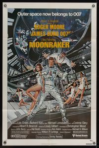 7y622 MOONRAKER 1sh '79 art of Roger Moore as James Bond & sexy babes by Gouzee!