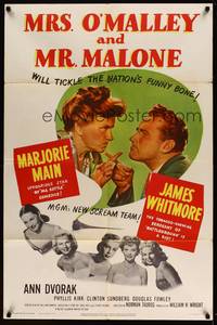 7y630 MRS. O'MALLEY & MR. MALONE 1sh '51 Marjorie Main & Whitmore tickle the nation's funny bone!