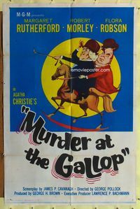 7y633 MURDER AT THE GALLOP int'l 1sh '63 wacky art of Margaret Rutherford riding rocking horse!