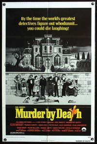 7y635 MURDER BY DEATH 1sh '76 great Charles Addams artwork of cast by spooky house!
