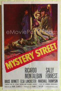 7y643 MYSTERY STREET 1sh '50 John Sturges, Ricardo Montalban, great sexy film noir art!