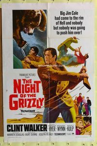 7y661 NIGHT OF THE GRIZZLY 1sh '66 big Clint Walker had come to the rim of Hell & held on!