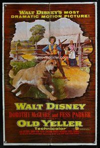 7y683 OLD YELLER 1sh '57 Dorothy McGuire, Fess Parker, great art of Walt Disney's classic canine!