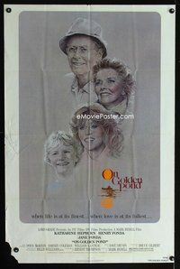 7y690 ON GOLDEN POND 1sh '81 art of Katharine Hepburn, Henry Fonda, and Jane Fonda by C.D. de Mar!