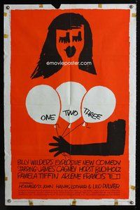 7y699 ONE TWO THREE 1sh '62 Billy Wilder, James Cagney, wonderful Saul Bass art of girl w/balloons!