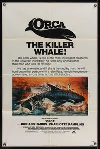 7y705 ORCA 1sh '77 wild artwork of attacking Killer Whale by John Berkey, it kills for revenge!