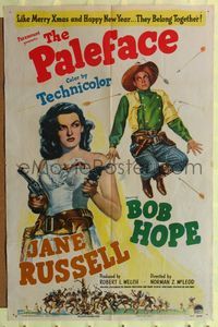 7y714 PALEFACE style A 1sh '48 image of Bob Hope & sexy Jane Russell with pistol!