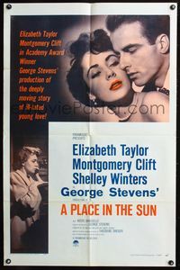 7y733 PLACE IN THE SUN 1sh R59 Montgomery Clift, sexy Elizabeth Taylor, Shelley Winters!