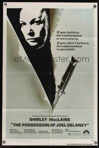 7y741 POSSESSION OF JOEL DELANEY 1sh '72 Shirley MacLaine, cool switchblade design, voodoo!