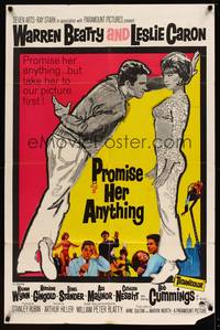 7y753 PROMISE HER ANYTHING 1sh '66 art of Warren Beatty w/fingers crossed & pretty Leslie Caron!