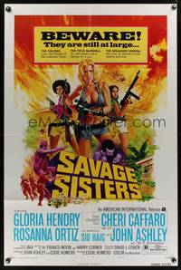 7y794 SAVAGE SISTERS style A 1sh '74 great image of Cheri Caffaro & bad girls with big guns!