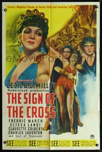 7y818 SIGN OF THE CROSS style A 1sh R44 Cecil B. DeMille, Fredric March, Elissa Landi!