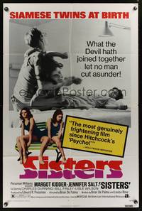 7y831 SISTERS 1sh '73 Brian De Palma, Margot Kidder is a set of conjoined twins!