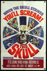 7y833 SKULL 1sh '65 Peter Cushing, Christopher Lee, cool horror artwork of creepy skull!