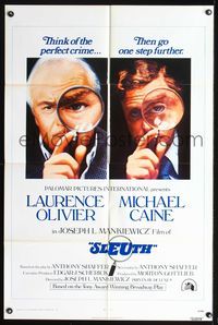 7y834 SLEUTH int'l 1sh '72 Laurence Olivier & Michael Caine with magnifying glasses!