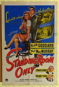 7y857 STANDING ROOM ONLY style A 1sh '44 art of housemaid Paulette Goddard held by Fred MacMurray!