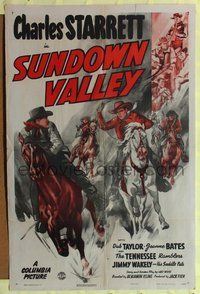 7y867 SUNDOWN VALLEY 1sh '44 cowboy Charles Starrett on horseback in western action!