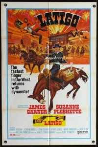7y869 SUPPORT YOUR LOCAL GUNFIGHTER int'l 1sh '71 Latigo, art of cowboy James Garner on donkey!