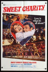 7y874 SWEET CHARITY 1sh '69 Bob Fosse musical starring Shirley MacLaine, it's all about love!