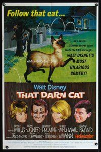 7y905 THAT DARN CAT style B 1sh '65 great art of Hayley Mills & Disney Siamese feline!