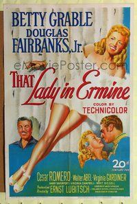 7y907 THAT LADY IN ERMINE 1sh '48 stone litho of sexiest Betty Grable & Douglas Fairbanks Jr.!