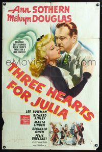 7y920 THREE HEARTS FOR JULIA 1sh '43 Ann Sothern, Melvyn Douglas, someone gets burned!