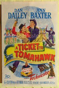 7y925 TICKET TO TOMAHAWK 1sh '50 Dan Dailey & Anne Baxter in a heap big funny picture!