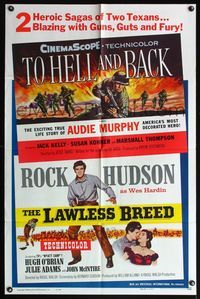 7y931 TO HELL & BACK/LAWLESS BREED 1sh '60 Texans Audie Murphy & Rock Hudson!