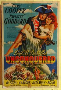 7y947 UNCONQUERED 1sh '47 art of Gary Cooper holding Paulette Goddard & two guns!