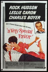 7y957 VERY SPECIAL FAVOR 1sh '65 Charles Boyer, Rock Hudson tries to unwind sexy Leslie Caron!