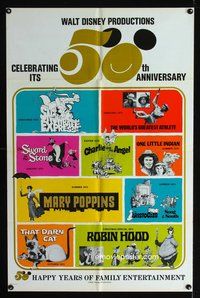 7y967 WALT DISNEY 50th ANNIVERSARY 1sh '73 Disney classics, Mary Poppins, Aristocats, Robin Hood!
