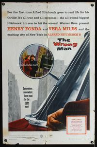 7y989 WRONG MAN 1sh '57 Henry Fonda, Vera Miles, Alfred Hitchcock, cool rear view mirror art!