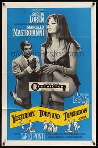 7y993 YESTERDAY, TODAY & TOMORROW 1sh '64 sexy Sophia Loren, Marcello Mastroianni, De Sica!