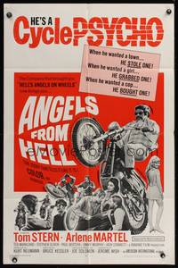 7z025 ANGELS FROM HELL 1sh '68 AIP, image of motorcycle-psycho biker, he's a cycle psycho!