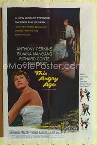 7z878 THIS ANGRY AGE 1sh '58 great art of Anthony Perkins & pretty Silvana Mangano!