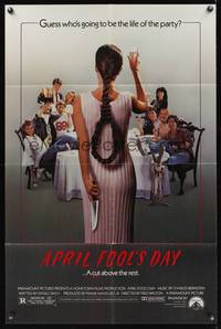 7z032 APRIL FOOLS DAY 1sh '86 wacky horror, great image of girl with knife & noose hair!