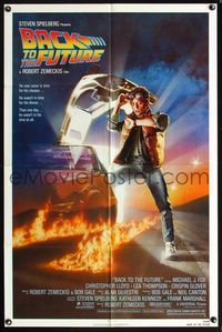7z038 BACK TO THE FUTURE 1sh '85 Robert Zemeckis, art of Michael J. Fox & Delorean by Drew Struzan!