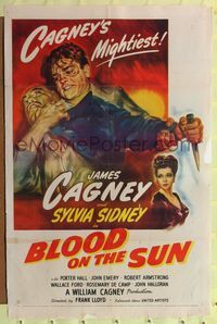 7z081 BLOOD ON THE SUN 1sh '45 great artwork of James Cagney fighting, plus sexy Sylvia Sidney!