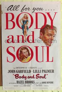 7z089 BODY & SOUL 1sh '47 boxing John Garfield, sexy art of Lilli Palmer!