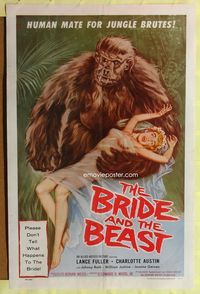 7z102 BRIDE & THE BEAST 1sh '58 Ed Wood classic, great wacky art of huge ape holding sexy girl!