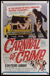 7z126 CARNIVAL OF CRIME 1sh '64 kidnapped woman in back of yellow car, frenzied in Brazil!