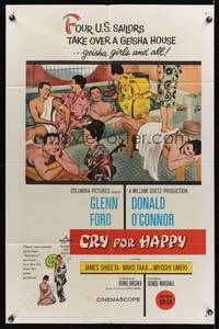 7z168 CRY FOR HAPPY 1sh '60 Glenn Ford & Donald O'Connor take over a geisha house & the girls too!