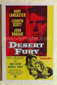 7z207 DESERT FURY 1sh '47 art of Burt Lancaster about to punch John Hodiak + Lizabeth Scott!