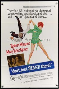 7z240 DON'T JUST STAND THERE 1sh '68 wacky art of sexiest Barbara Rhoades throwing Robert Wagner!