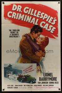7z247 DR. GILLESPIE'S CRIMINAL CASE 1sh '43 art of soldier Michael Duane romancing Donna Reed!