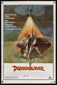 7z261 DRAGONSLAYER 1sh '81 cool Jeff Jones fantasy artwork of Peter MacNicol w/spear, dragon!