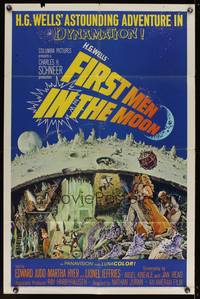 7z326 FIRST MEN IN THE MOON 1sh '64 Ray Harryhausen, H.G. Wells, great sci-fi artwork!