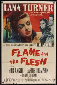 7z330 FLAME & THE FLESH 1sh '54 artwork of sexy brunette bad girl Lana Turner, plus Pier Angeli!