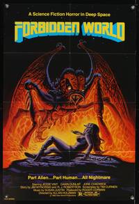 7z349 FORBIDDEN WORLD 1sh '82 Roger Corman, cool sci-fi art of monster attacking sexy girl!